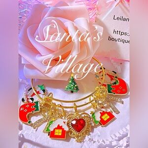 Christmas bangle bracelet/santa clause/rhinestone bows/gifts/red stockings/